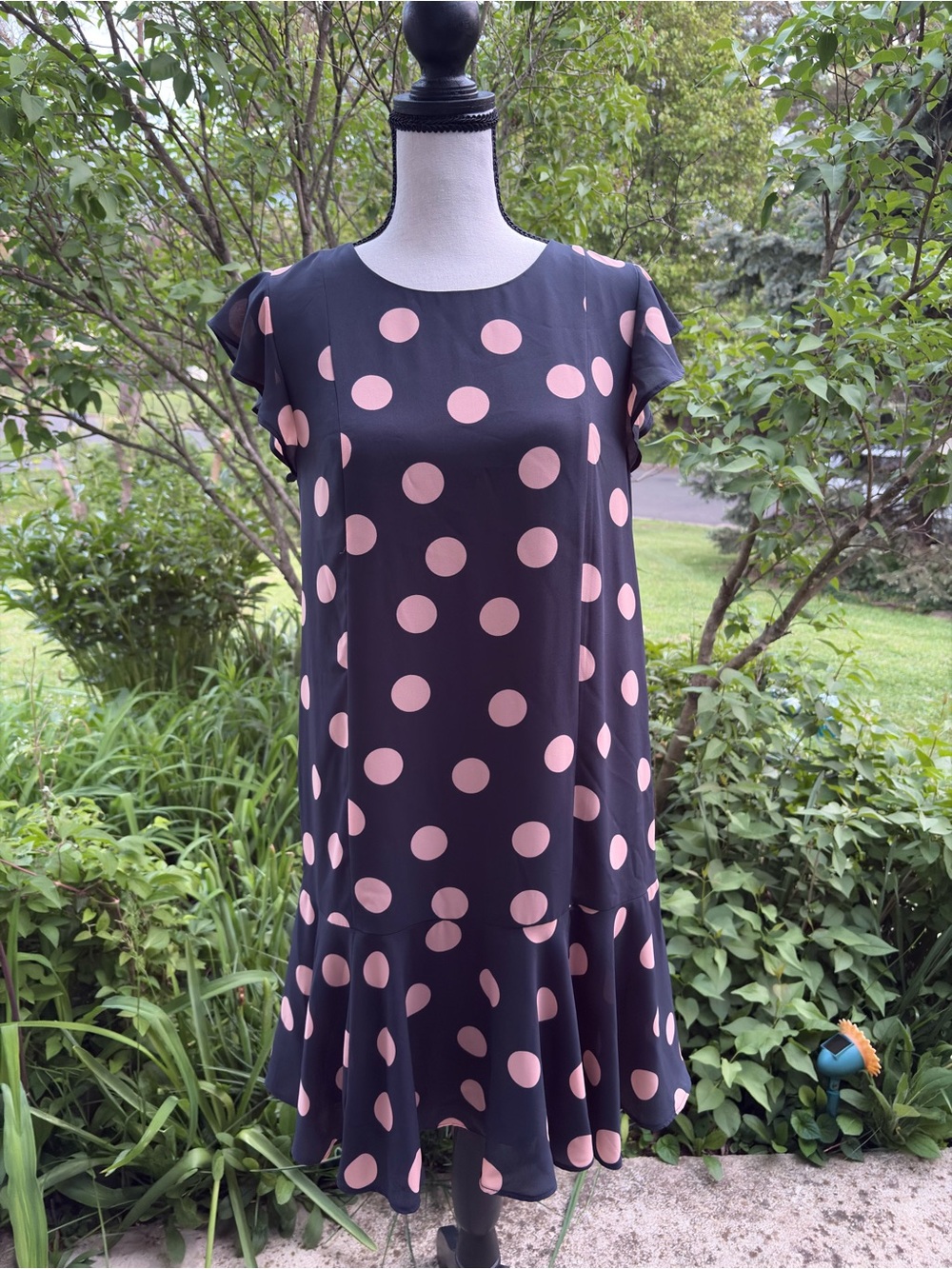 LOFT Black Mini Dress with Pink Polka Dots